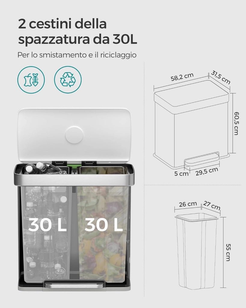 Cestino da cucina, 2 cestini a pedale da 30L in acciaio inox con 15 sacchetti LTB202W01