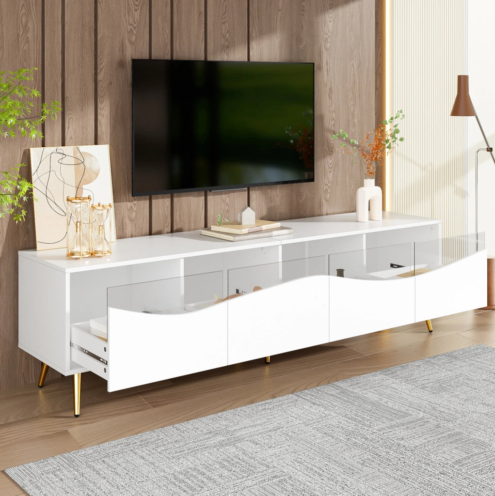 Mobile TV moderno 180 x 40 x 50 cm in MDF bianco con LED; frontali in vetro e cavi ordinati
