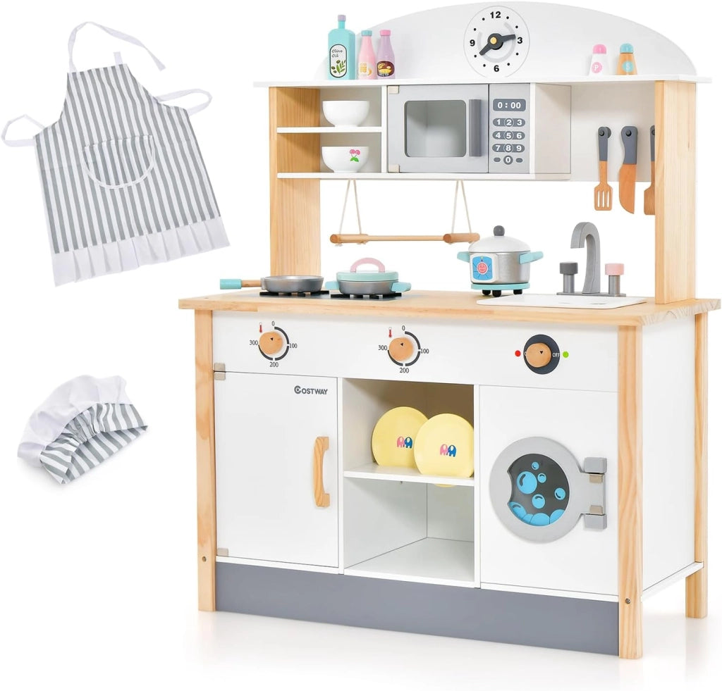 Cucina Giocattolo per Bambini in Legno, Set da Cucina per Bambini con Forno a Microonde, Accessori Vari per Cucinare, per Bambini 3 Anni +, TM-70, Bianco