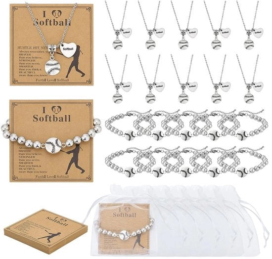 Set di braccialetti per softball - 10 braccialetti - 10 catenelle - 20 carte ispiratrici - 20 sacchetti di organza - souvenir di squadra - braccialetto sportivo