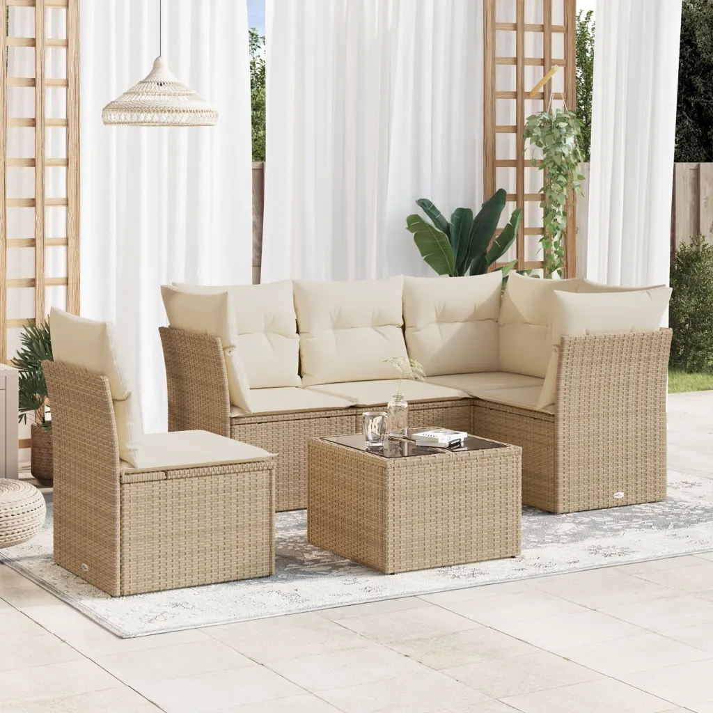 Set Divano da Giardino 6 pz con Cuscini Beige in Polyrattan