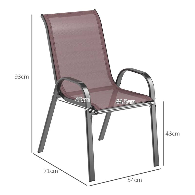 SET 4 SEDIE DA GIARDINO IMPILABILI CON BRACCIOLI CURVI, IN ACCIAIO E TESSUTO TRASPIRANTE, 54X71X93 CM, MARRONE