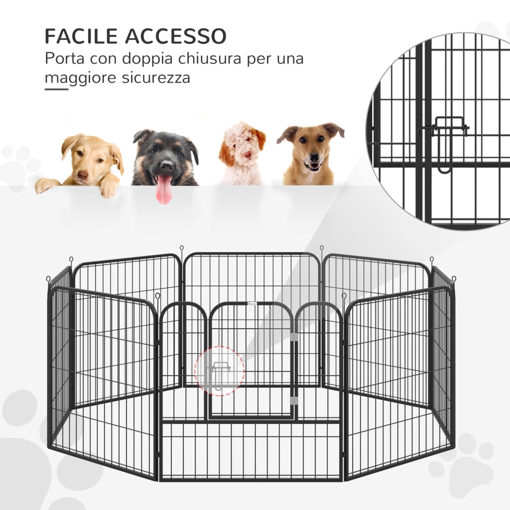 Recinto per Cani Modulare 8 Pannelli 79x79 cm in Acciaio e Metallo Nero
