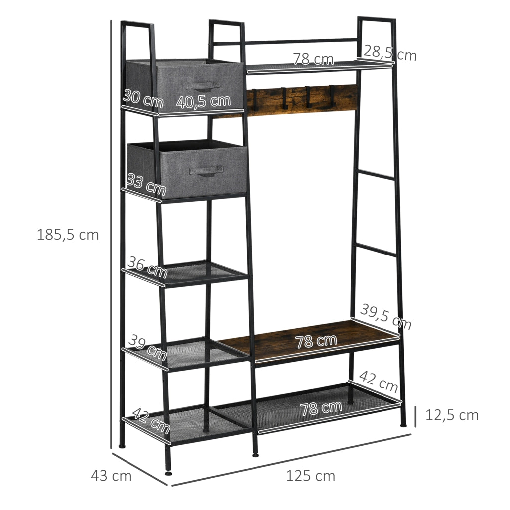 Appendiabiti con scaffale e cassetti ¨C zephmum ¨C grigio, acciaio e legno, 125x43x185,5 cm
