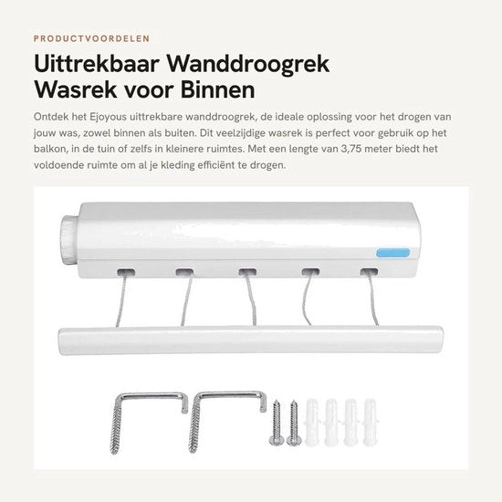 Wanddroogrek Uittrekbaar 3,75 m - Wasrek per Basso - Droogrek per Balcone - Utilizzo Flessibile - 5 Strati - Protezione Completa