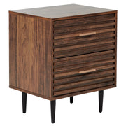 Comodino MDF legno scuro 2 cassetti Tavolino gambe in ferro moderno