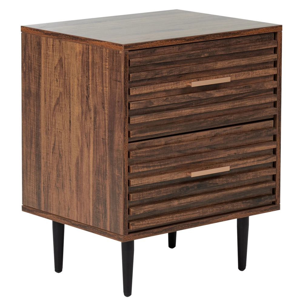 Comodino MDF legno scuro 2 cassetti Tavolino gambe in ferro moderno