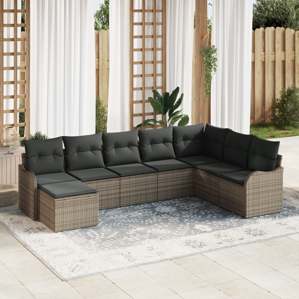 Set divani da giardino 8 pezzi con cuscini grigio polyrattan