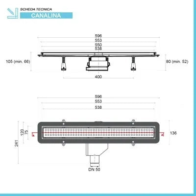 Canalina doccia a pavimento 55 cm con cover acciaio inox cromato e scarico incluso