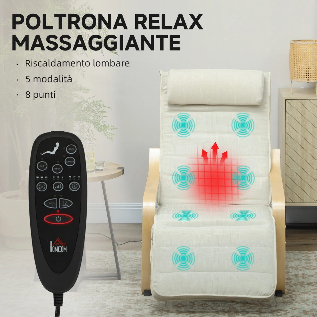 Poltrona Relax Riscaldante e Massaggiante con Poggiapiedi Regolabile e Telecomando, 67x95x101 cm, Crema