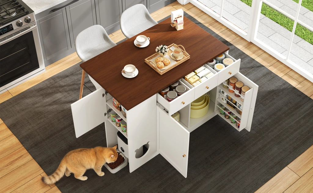 Isola cucina con piano estraibile, 3 cassetti, 2 ante e area pet friendly, bianco e noce, 120x40/70x90 cm