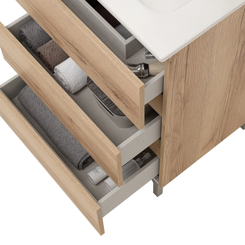 Mobile bagno a terra 100 cm in quercia naturale con lavabo e specchio Leda