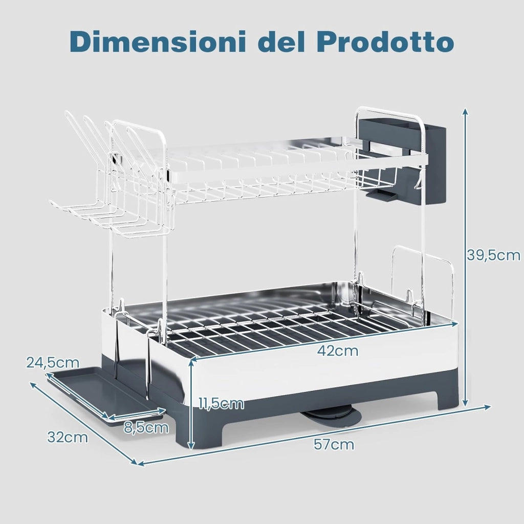 Scolapiatti da Appoggio a 2 Livelli, in Acciaio Inox con Porta Bicchieri, Piatti, Ciotole, Tazze, Posate e Vassoio Raccogligocce, Scolapiatti da Lavello con Ugello Estensibile Girevole a 360°