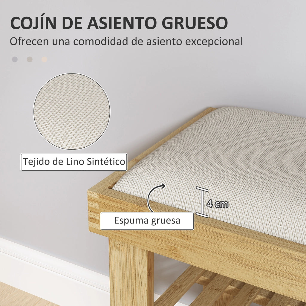 Panca scarpiera in bamb¨´ con cuscino ¨C Xylo ¨C 2 ripiani crema 60x29x49 cm