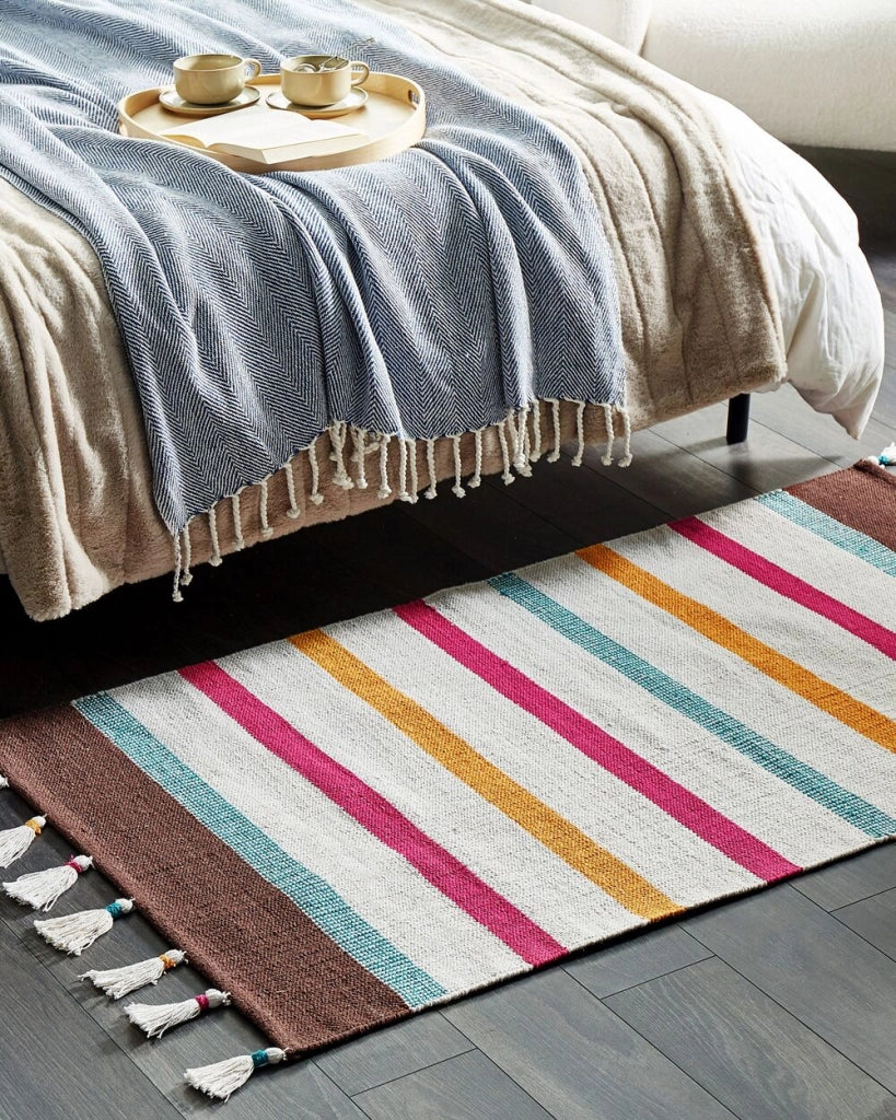 Tappeto strisce multicolore cotone 80 x 150 cm rettangolare tessuto a mano