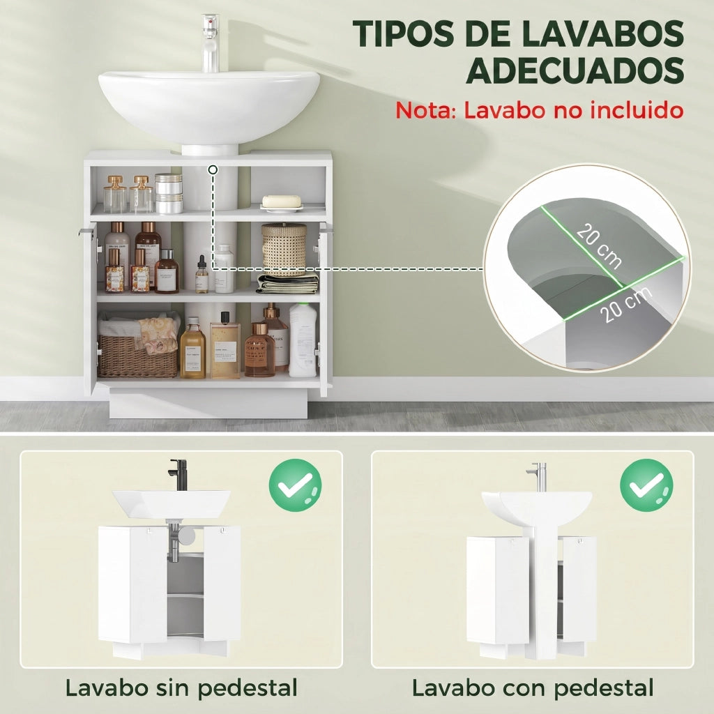 Mobiletto Sottolavabo con 2 Ante e Compartimento Aperto ¨C Zephmum ¨C Bianco 60x33x63 cm