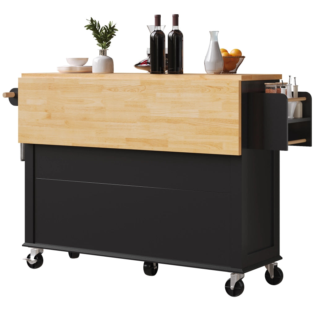 OKWISH Carrello da Cucina con Cassetto, Ripiani, Ante in Vetro e Piano Estensibile con Ruote, MDF, Nero