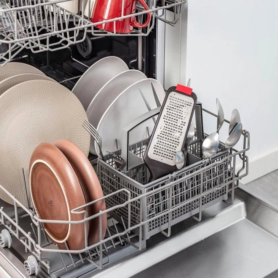 Raspante per plastica nera rossa - Manico con inserto in acciaio inox - Lama in acciaio inox - raspante per cucina - raspante fine