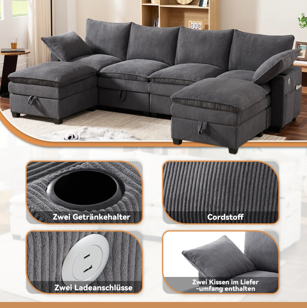Divano modulare 6 posti a L o U in velluto a coste; con 2 pouf; USB e vani contenitore; grigio