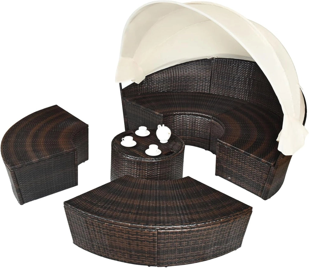 Letto Isola da Giardino, Divano Prendisole con Tettuccio Retrattile, con Sedili Cuscini Impermeabili Sfoderabili, Tavolino Regolabile in Altezza (Beige)