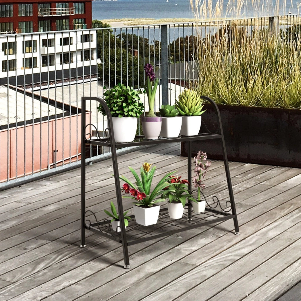 Porta piante di metallo con 2 livelli per interno ed esterno-Scaffale multifunzionale espositivo per fiori Nero