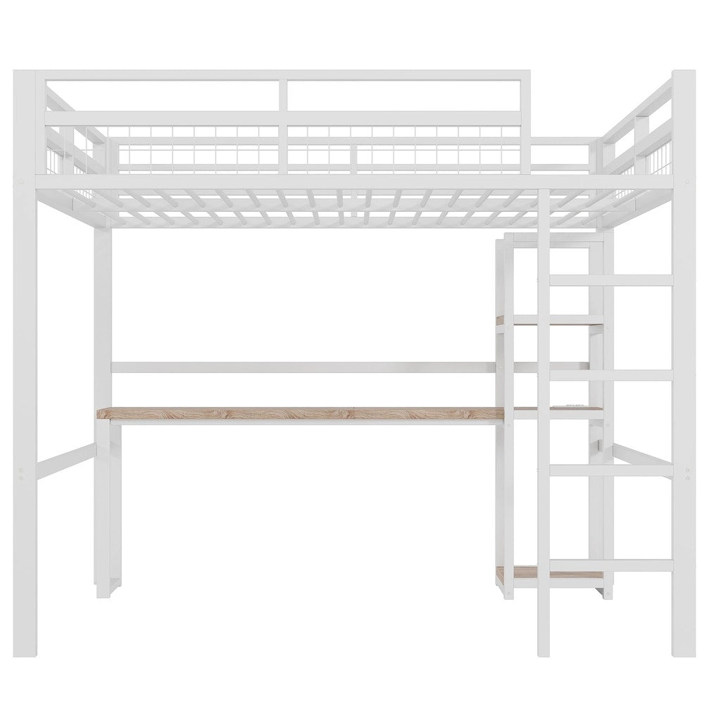 Letto a Soppalco con Scrivania e Presa USB ¨C MINIMAL ¨C Bianco, 140x200 cm, Metallo