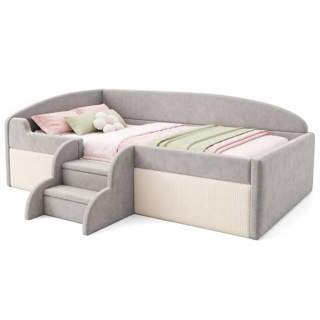 Letto imbottito per bambini 90 x 190 cm con gradini e sponde; velluto grigio