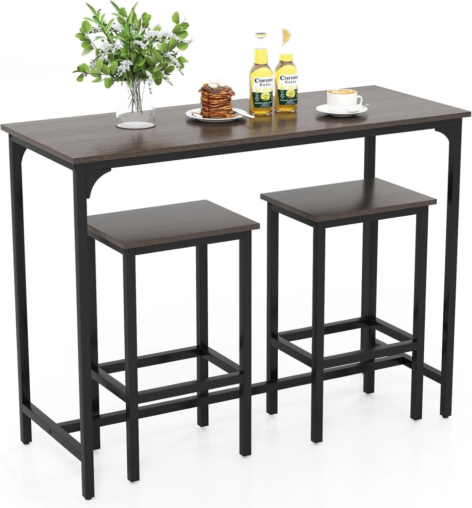 Tavolo con 2 Sgabelli in Metallo e Legno, Set da Pranzo 3 Pezzi, Tavolo Rettangolare da Cucina con 2 Sedie per Sala da Pranzo, Appartamento e Bistro, Stile Retrò (Grigio)