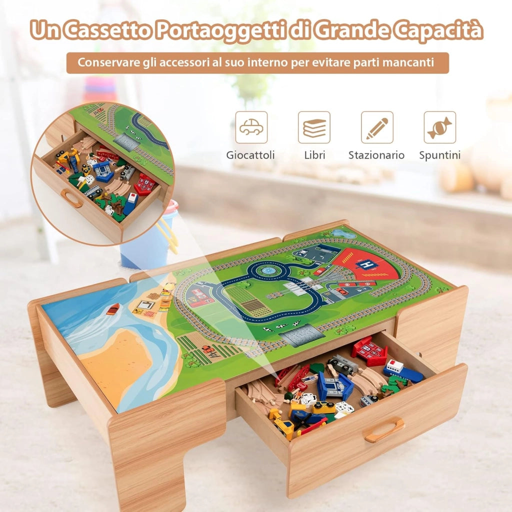 Tavolo e Set Treno Giocattolo in Legno, Set da Gioco Creativo Treni e Binari per Bambini con 100 Pezzi, Trenino per Bambini Anni 3+