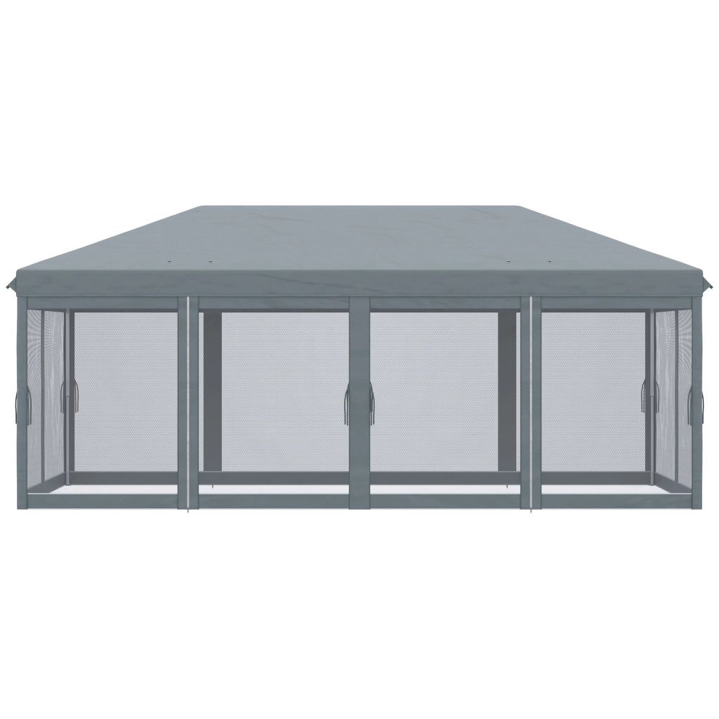 Gazebo da Giardino 600x300 cm Pieghevole con 6 Zanzariere e Pulsante in Acciaio e Poliestere Grigio