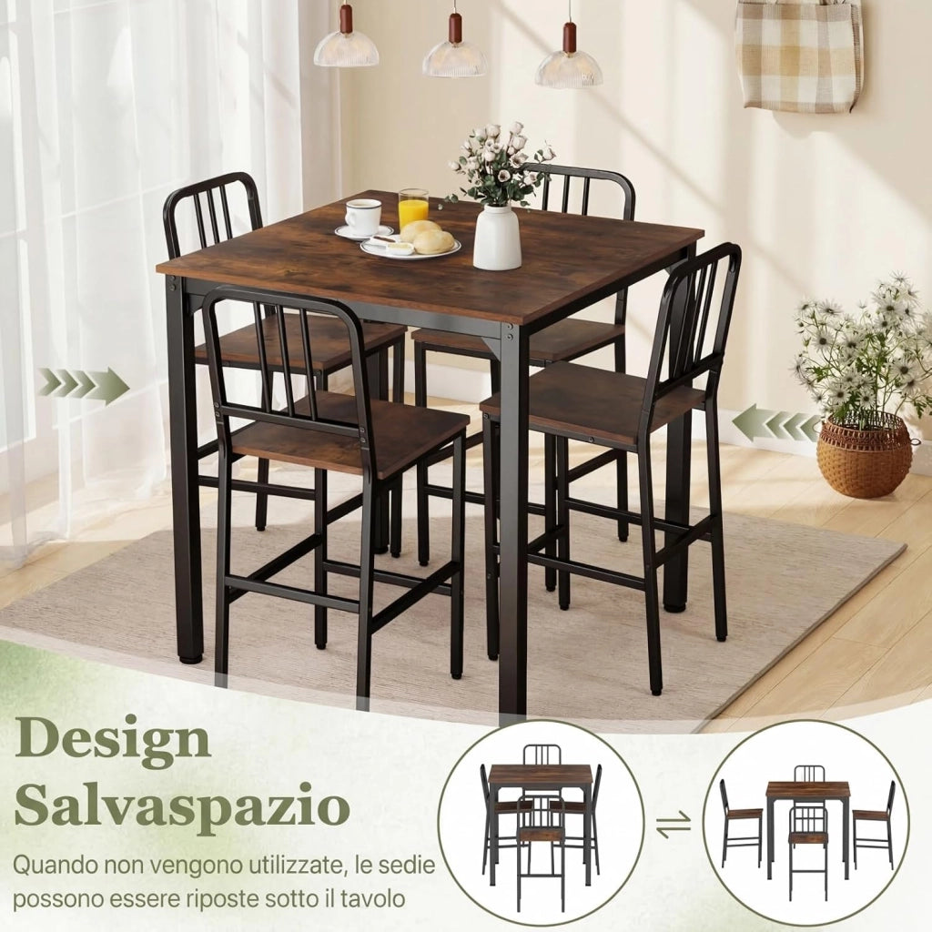 Set da Pranzo per 4 Persone, Set Cucina Bar 5 Pezzi con Superficie in Finto Marmo, Tavolo Quadrato in Legno e 4 Sgabelli Alti per Angolo Colazione e Sala da Pranzo (Caffè)