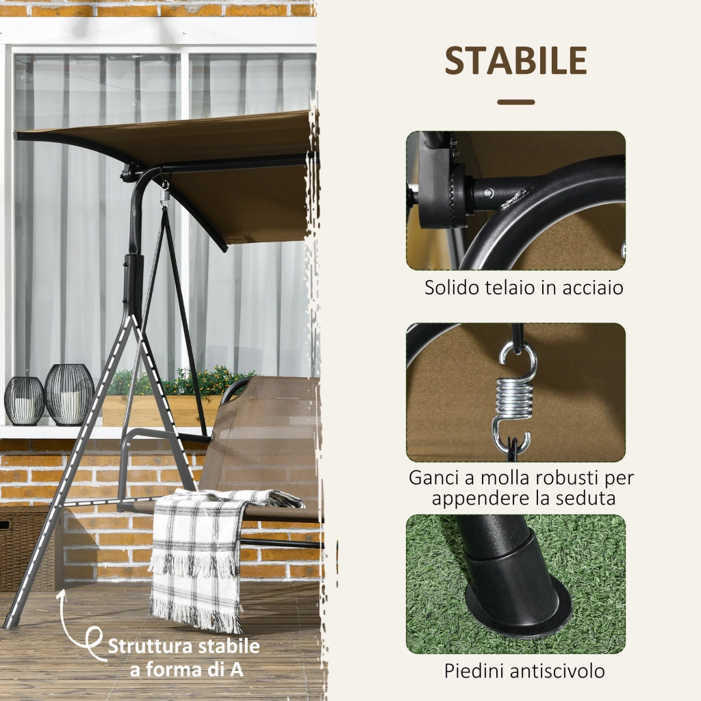 Dondolo da Giardino 3 Posti 172x110x153 cm con Copertura Regolabile in Acciaio e Poliestere Marrone e Grigio