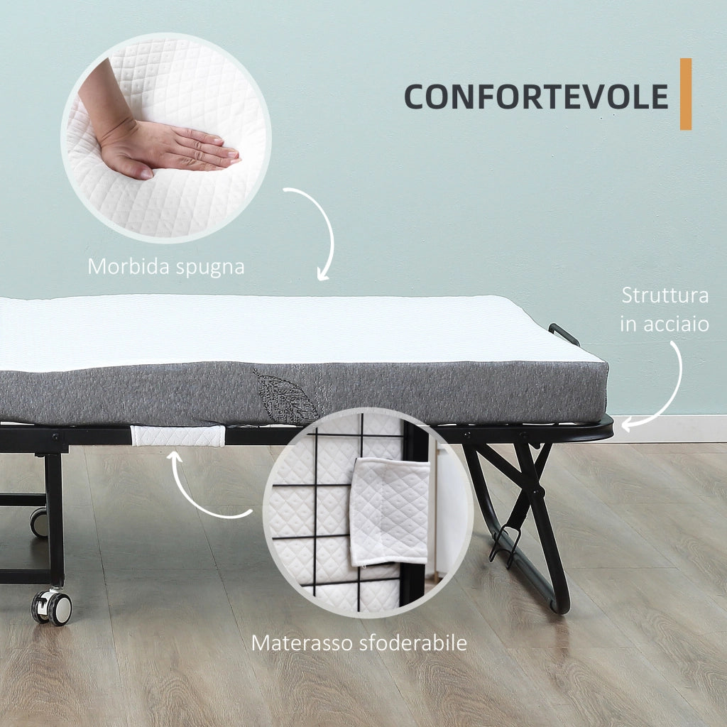 Letto Pieghevole Singolo con Materasso ¨C Xylo ¨C Metallo Nero con Ruote 90x200 cm