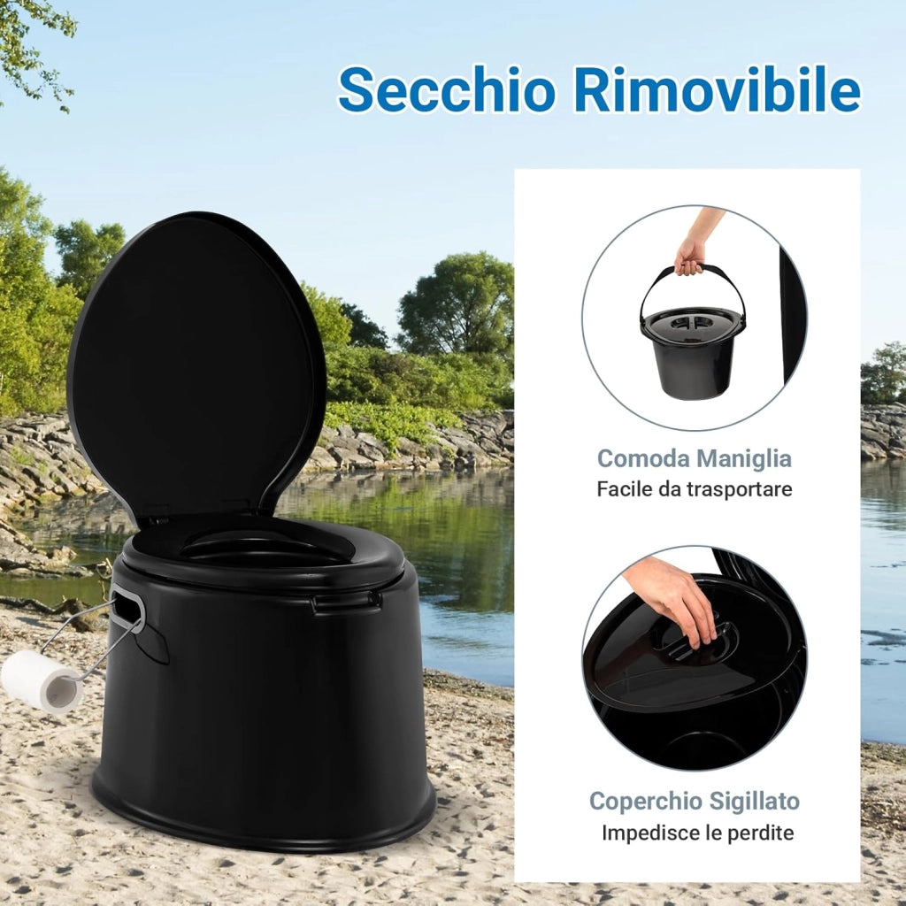 Toilette Portatile WC Chimico, WC da Viaggio Leggero con Secchio Interno Rimovibile,Water Portatile per Adulti e Anziani con Portarotolo, Supporto Carico 200 KG, 41 x 49 x 34 cm (Nero)