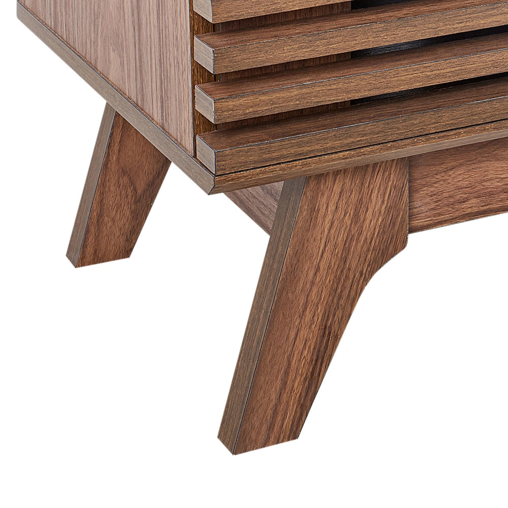 Mobile TV in legno scuro con vano portaoggetti anteriore a scorrimento stile moderno contemporaneo