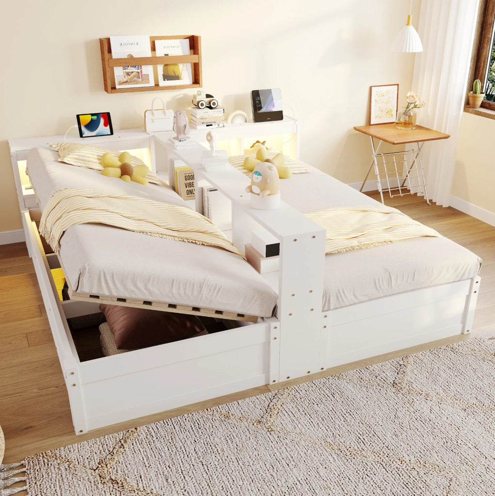 Letto multifunzionale 90/180x200 cm con LED, prese integrate e vani contenitore