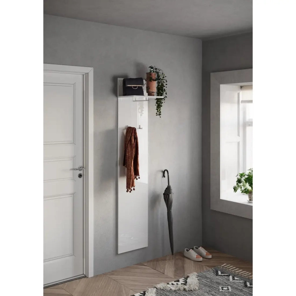 Appendiabiti sospeso con mensola, collezione KEY in bianco lucido lacato.
