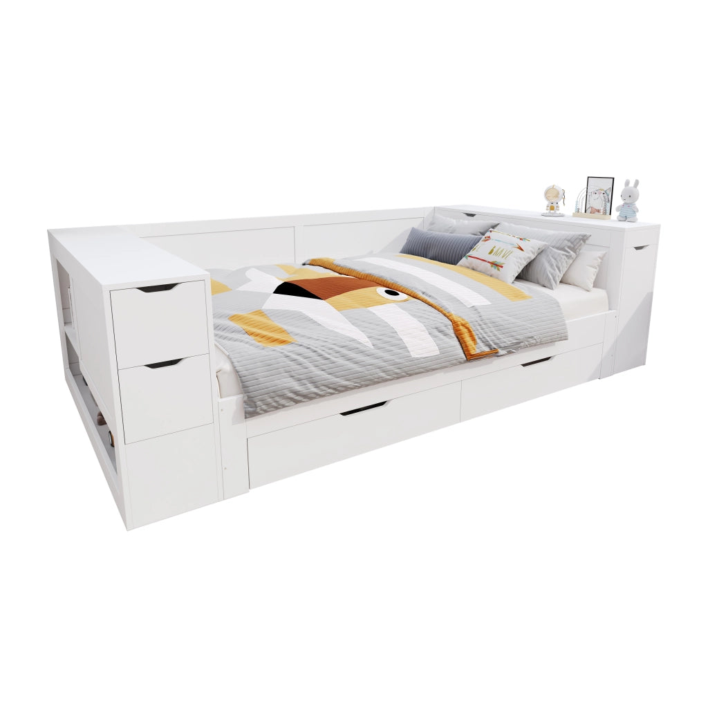 Letto contenitore in legno MDF 140x200 cm bianco, daybed multifunzionale con cassetti, ripiani e comodino, senza materasso