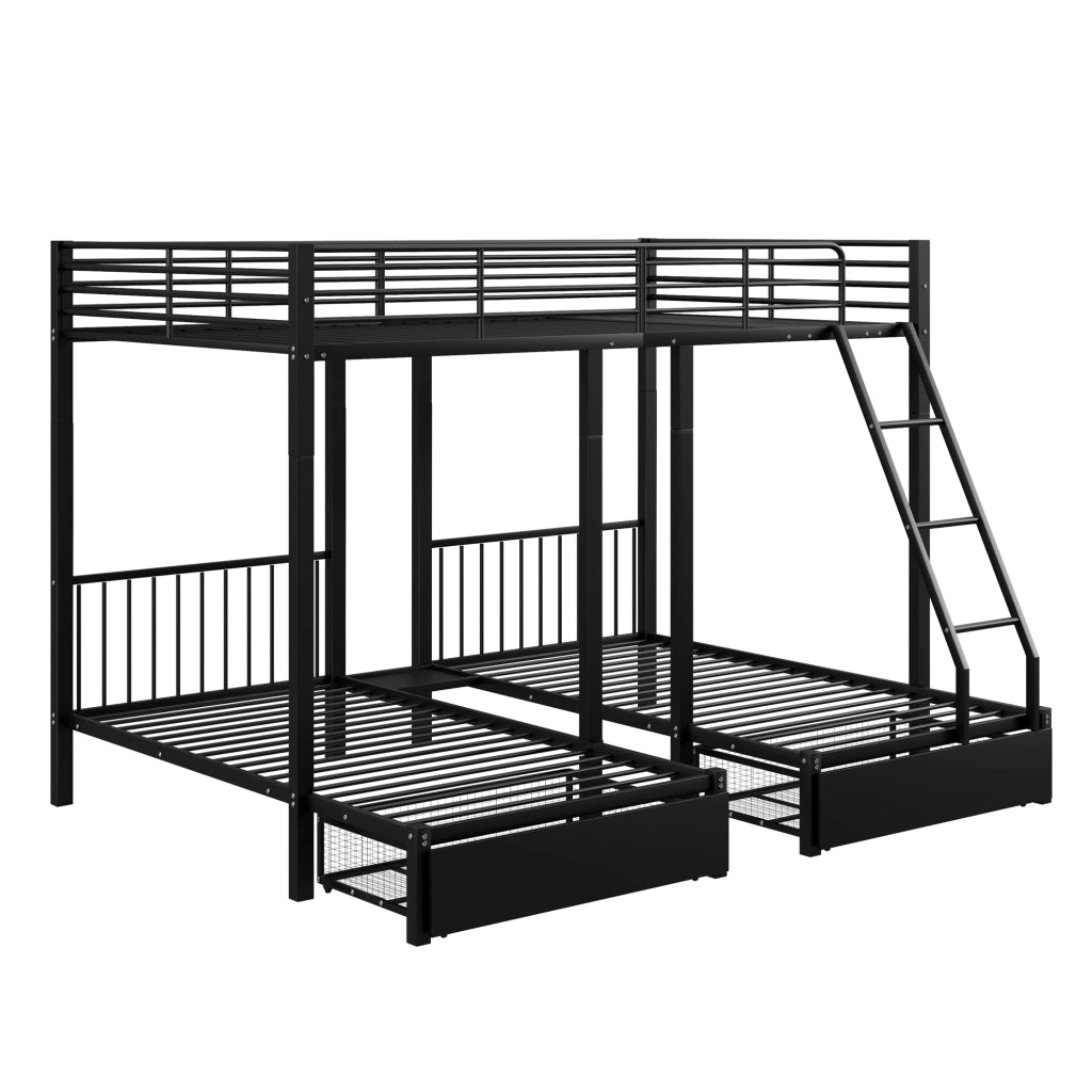 Letto a castello triplo in metallo con cassetti estraibili, trasformabile in 3 letti separati 140 x 200 e 90 x 200