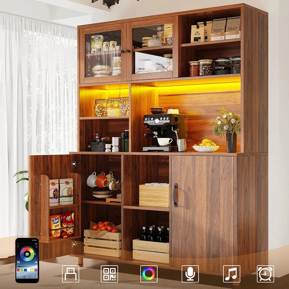 Credenza Alta Stile Retro 120x40x185cm - Xylo - Noce con Luci LED e Dispenser Snack