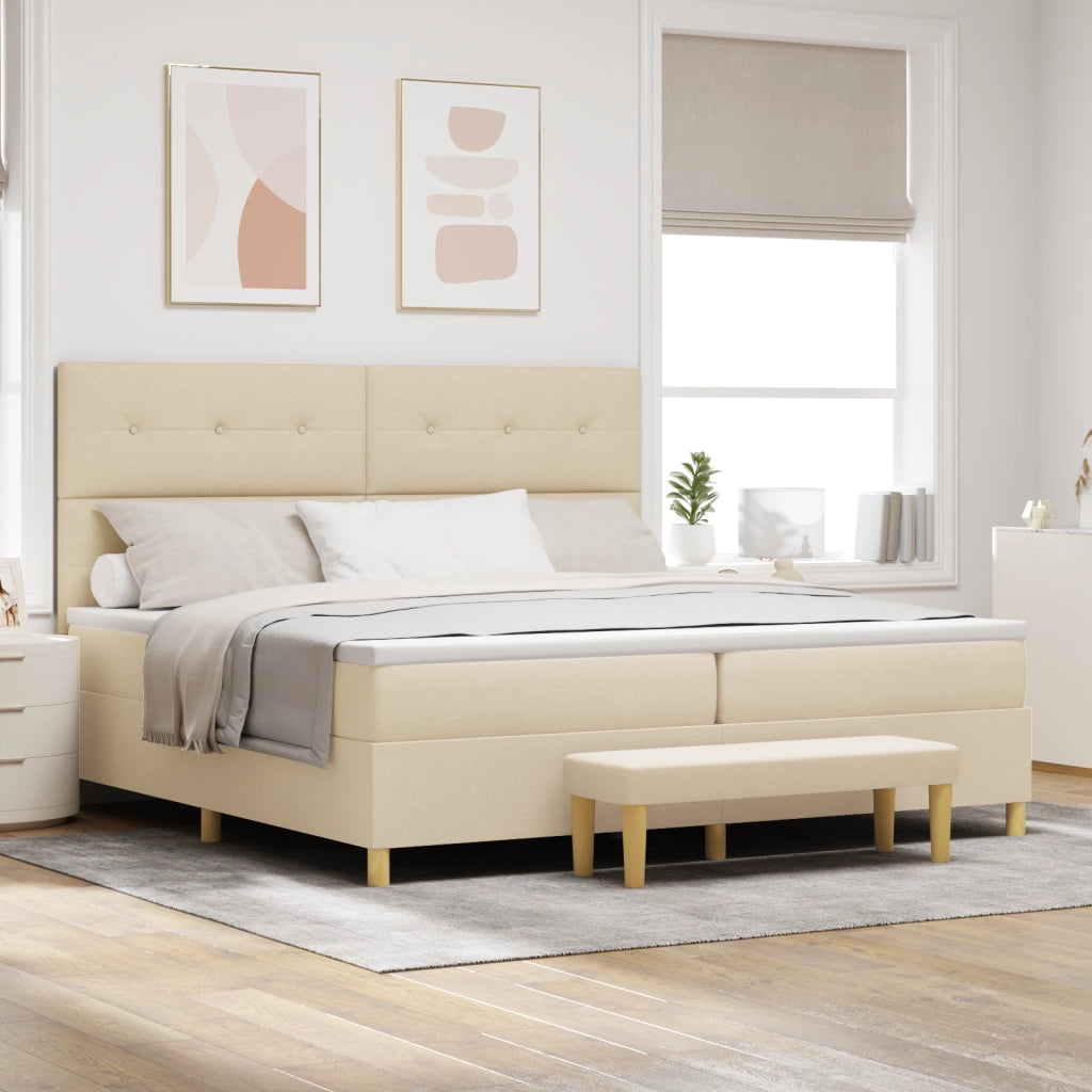Letto Box Spring con Materasso e Panchetta Crema 200x200 cm Tessuto