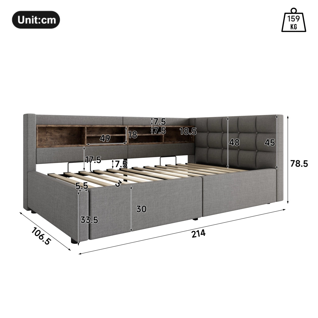 Letto contenitore 90x200 cm con LED dimmerabile; testiera con ripiano e prese USB; rivestimento in lino; grigio