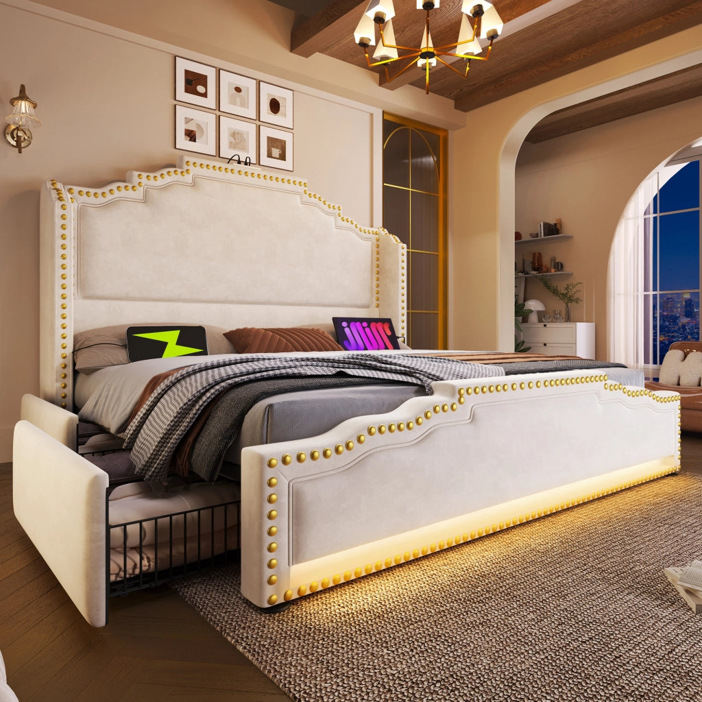 LETTO 160x200 cm in velluto beige con LED e porte USB/Type-C
