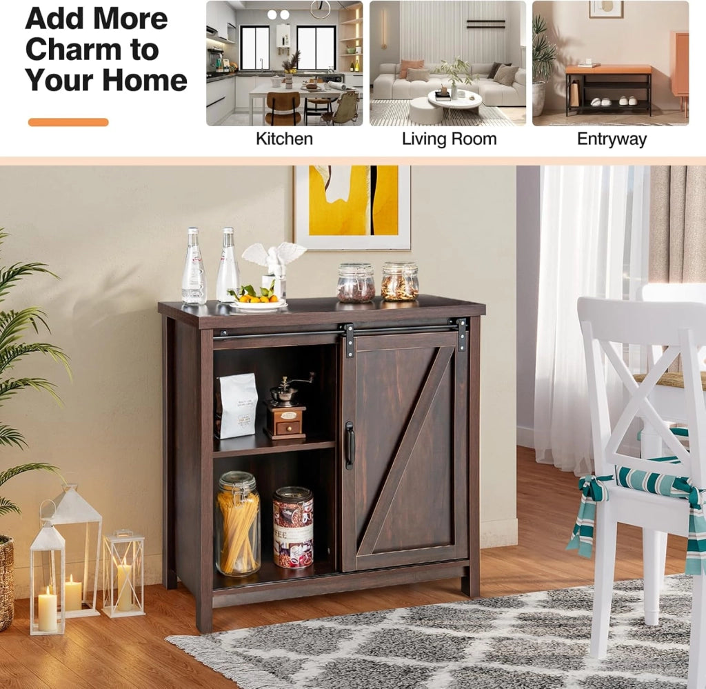 Mobile Laterale Divano con Piano Superiore Ampio e 4 Scomparti, Porta Scorrevole, 4 Piedini Antiscivolo, Credenza Elegante per Cucina, Ingresso, Camera da Letto, Marrone