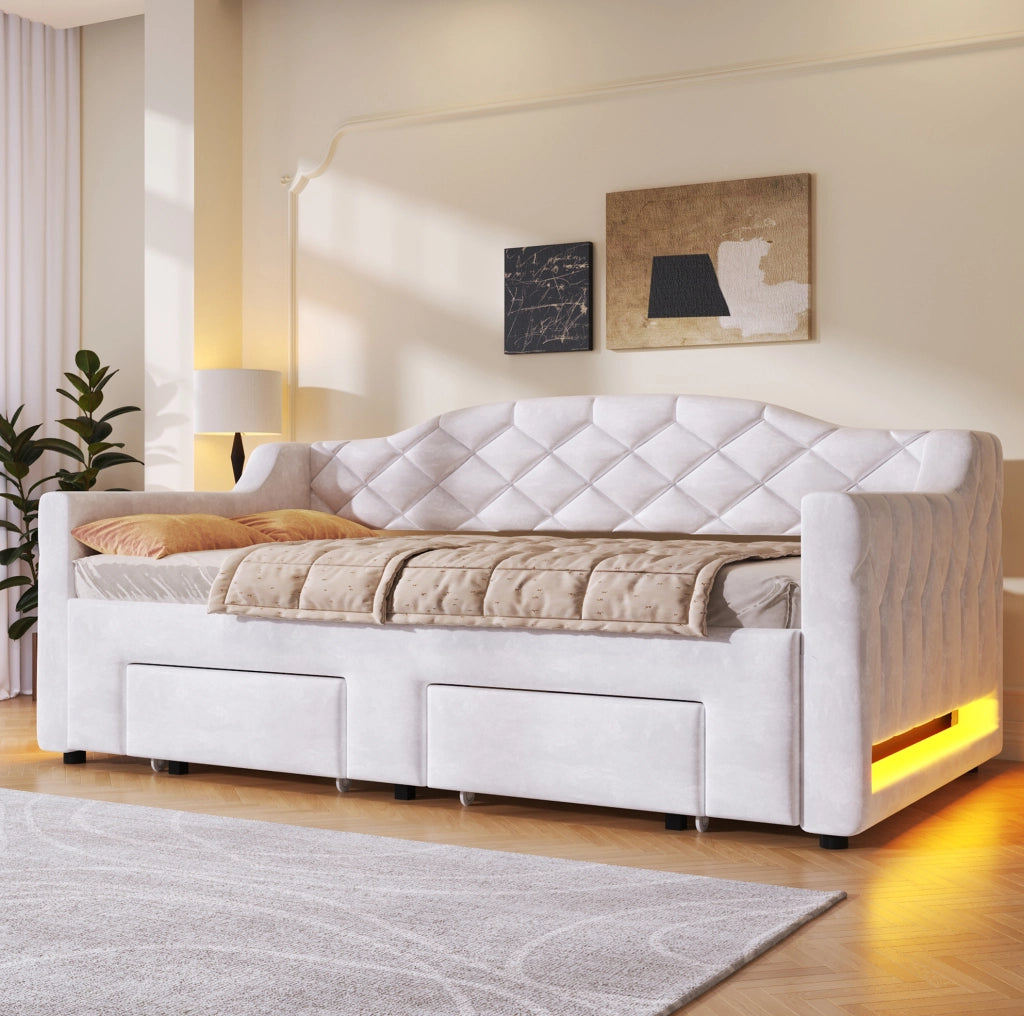 Letto imbottito 90x200 cm estensibile con LED e cassetti in MDF e compensato bianco