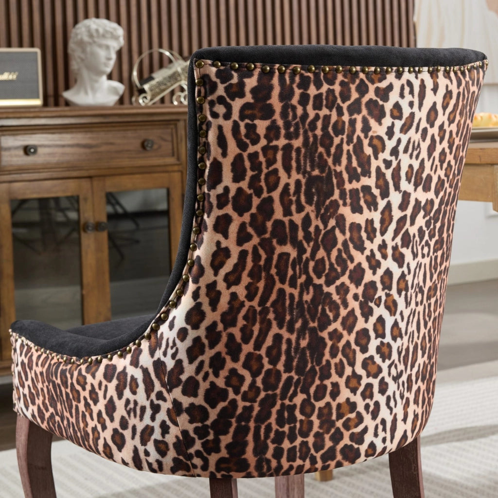 Set 2 Sedie da Pranzo Imbottite in Tessuto con Gambe in Legno Naturale ¨C MINIMAL ¨C Leopardato, Borchie Bronzo