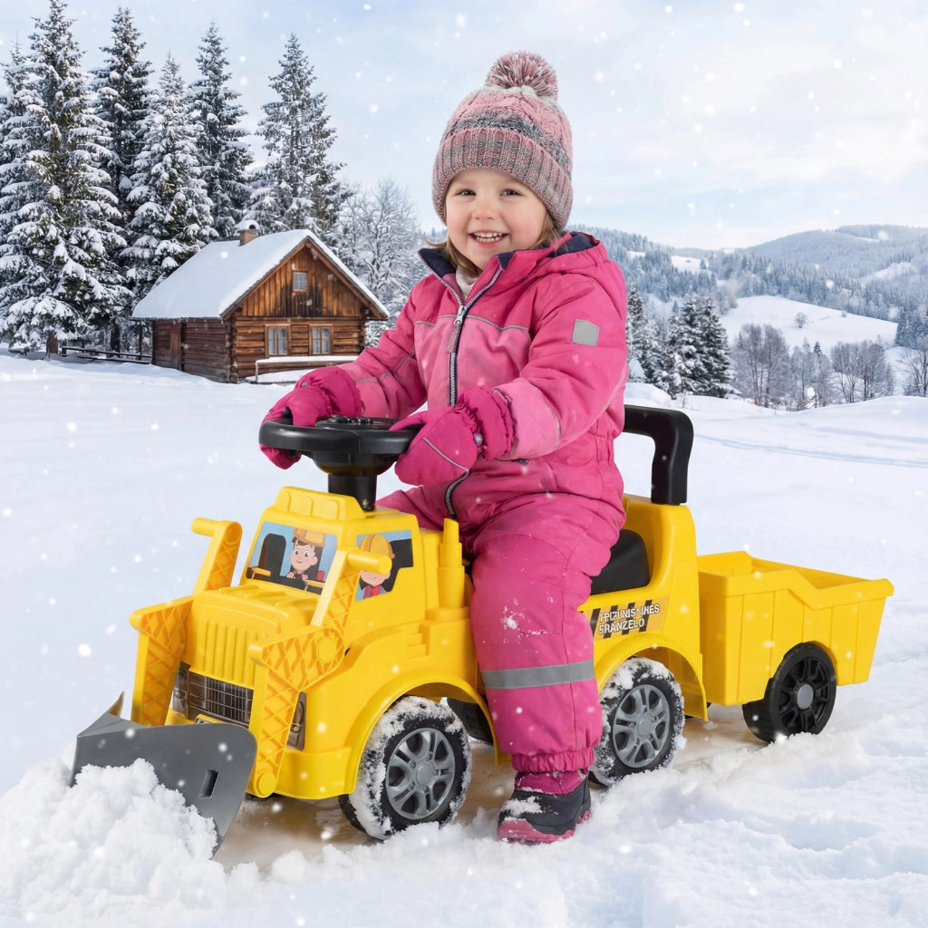 Macchinina spinta bambini rimorchio pala escavatore bulldozer neve vano portaoggetti sedile-Musica clacson scivolamento 19-36 mesi Gialla