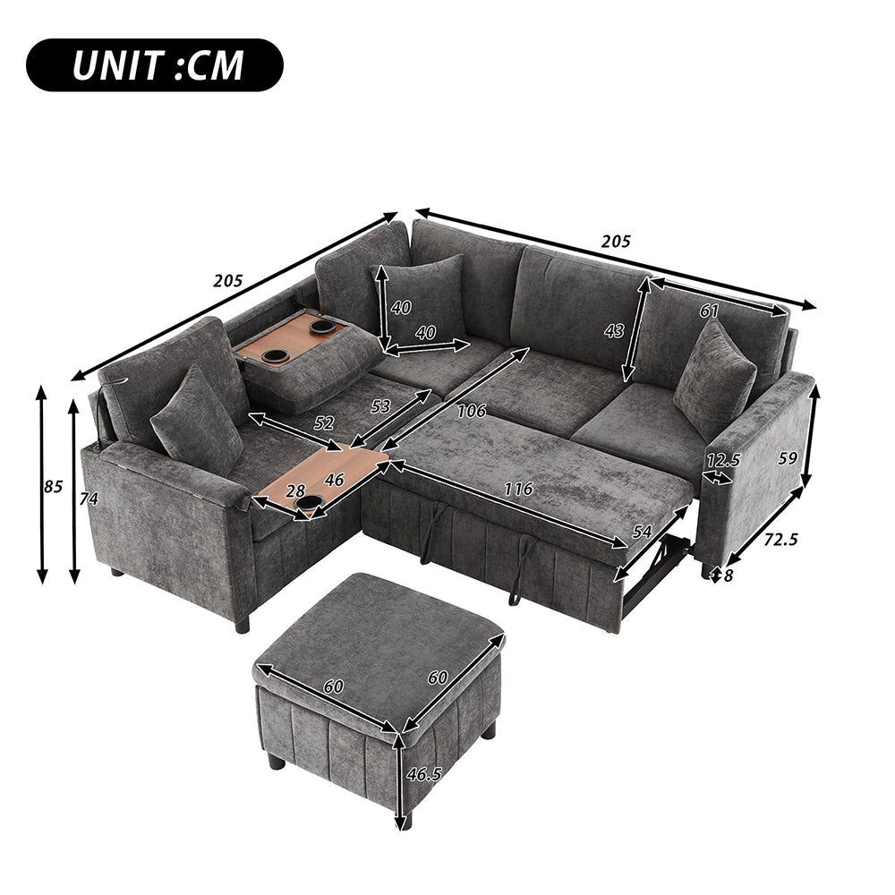 Divano angolare in chenille letto - Xylo - 205¡Á205¡Á85cm - Grigio - USB Type-C luce lettura tavolo