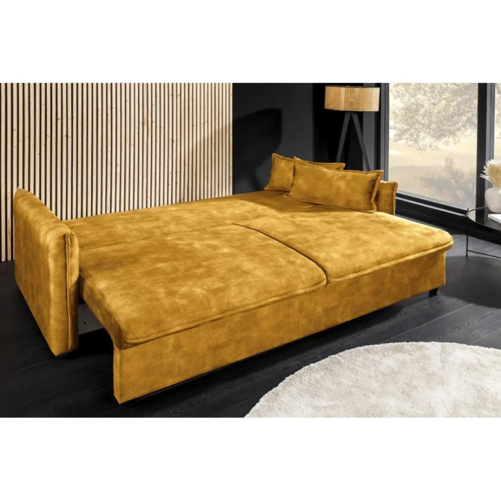Divano dritto CALDERO giallo senape trasformabile con vano contenitore – Divano letto in velluto morbido con spazio di stoccaggio integrato