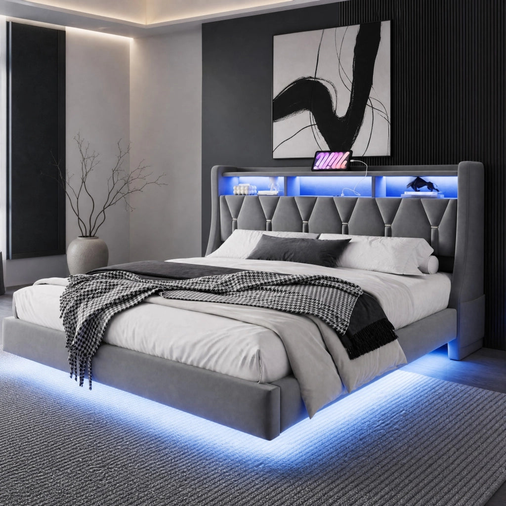 Letto matrimoniale imbottito 180x200 cm in velluto grigio con testiera pieghevole; LED e prese